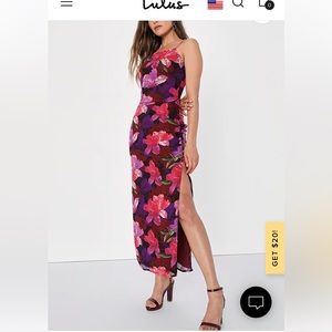 Fancy Florals Burgundy Multi Floral Ruched Column Midi Dress